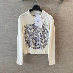 DIOR Ecru Cashmere Knit with Blue Dior Night of Dreams Motif Embroidered Sweater